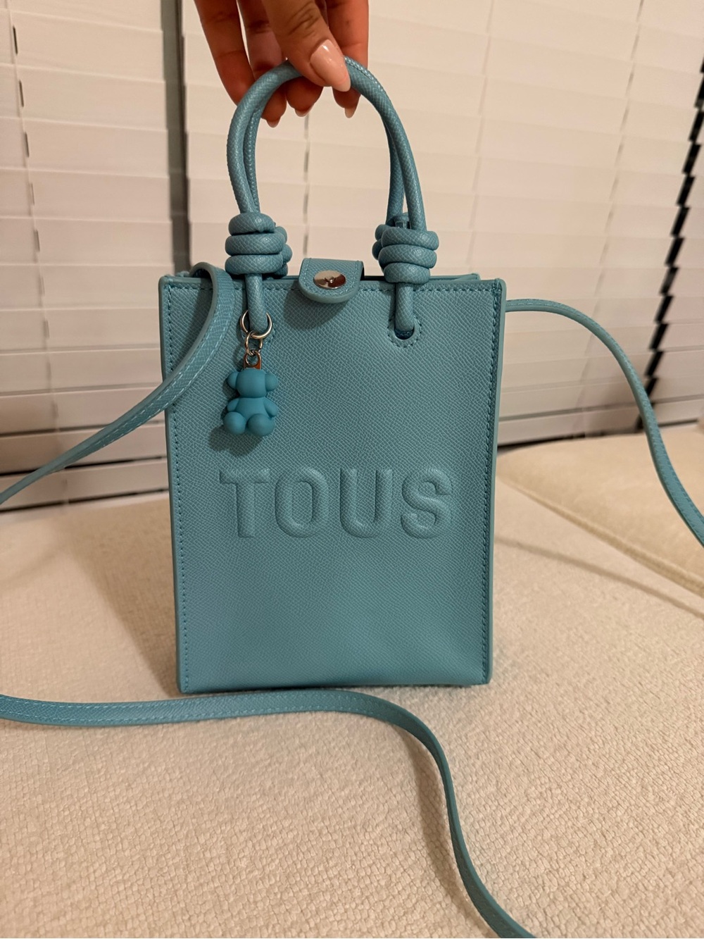 TOUS Small Vertical Tote Bag in Sky Blue with Bear Charm